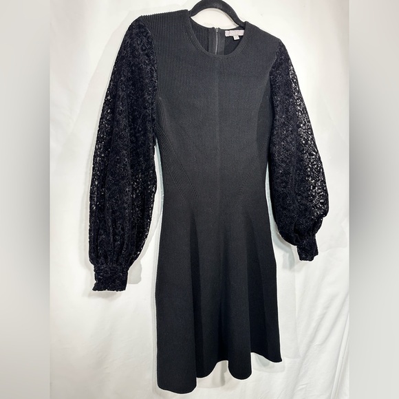 $1495 Lela Rose Black Flocked Lace Blouson Sleeve Dress - Picture 6 of 7